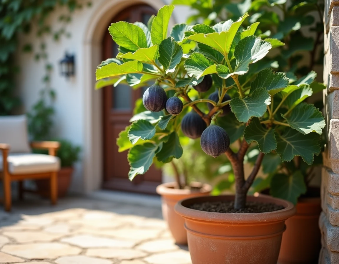 Un figuier en pot avec des figues mûres sur une terrasse en pierre méditerranéenne