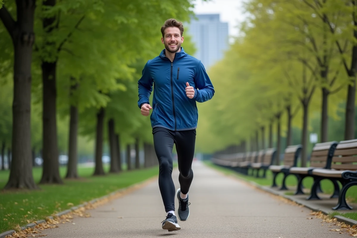 Jeune homme courant dans un parc urbain verdoyant
