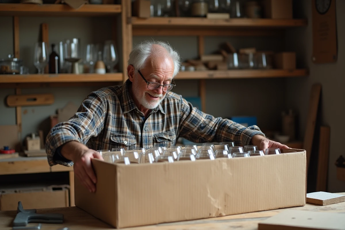 Homme âgé insère des séparateurs en carton dans une boîte à verre