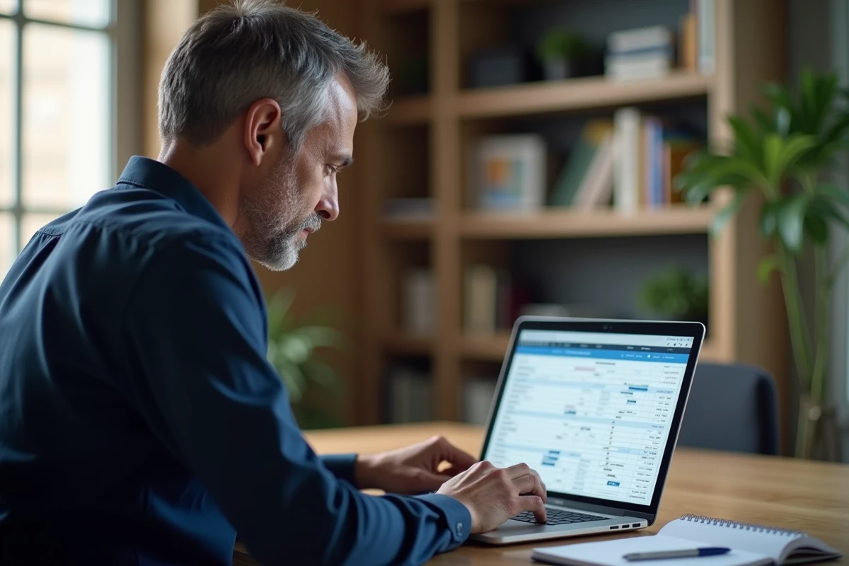 Homme consultant un tableau de bord de finances personnelles sur un ordinateur portable dans un bureau à domicile bien rangé