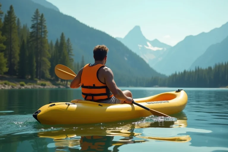 Homme pagayant un kayak gonflable jaune sur un lac de montagne calme entouré de forêts de pins
