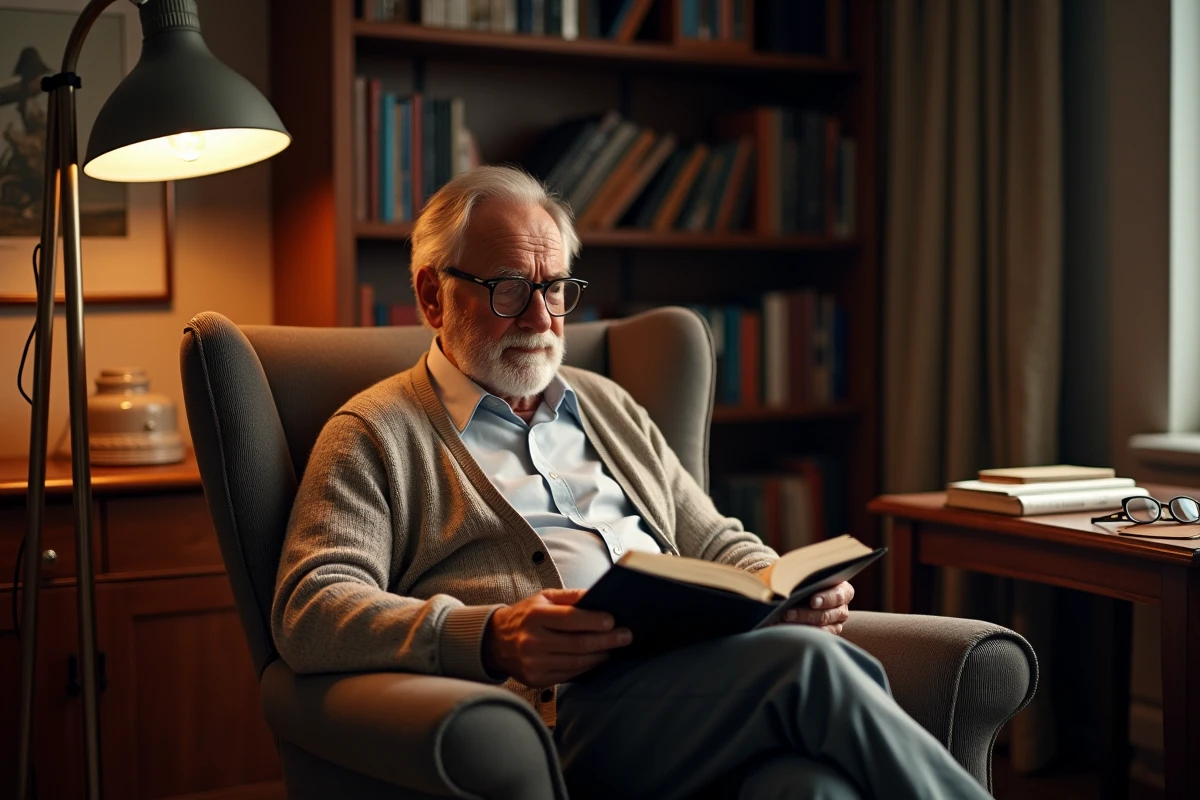 Homme âgé lisant dans un bureau chaleureux et bien aménagé