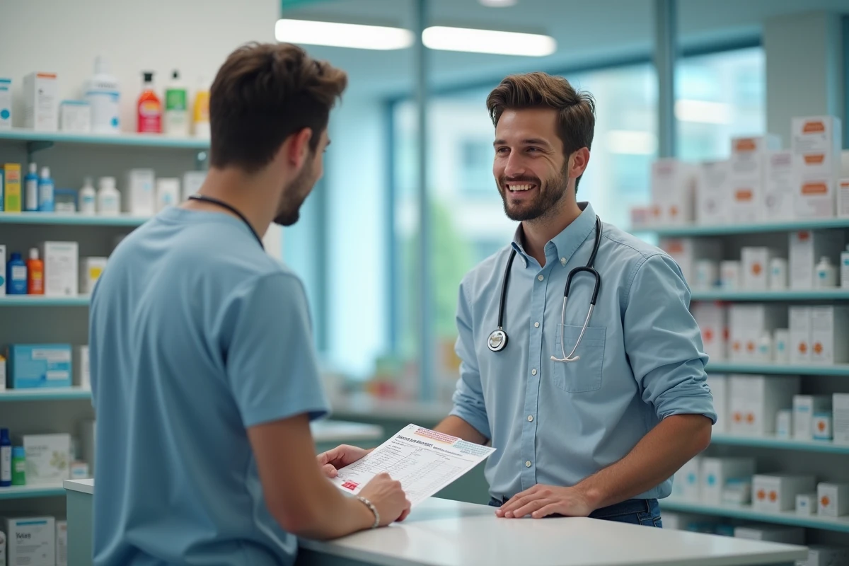 Jeune homme discutant avec pharmacien en pharmacie