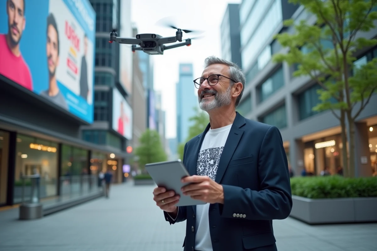 Homme dans une ville futuriste avec drone de livraison