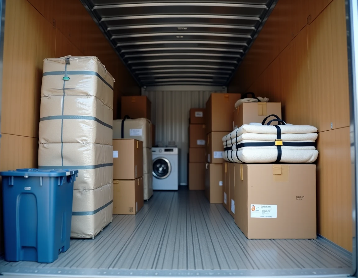 Intérieur d'un camion de 16 m3 chargé avec des meubles et cartons de déménagement organisés