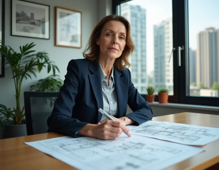 Femme investisseur immobilier analysant des plans et documents dans un bureau moderne avec vue sur la ville