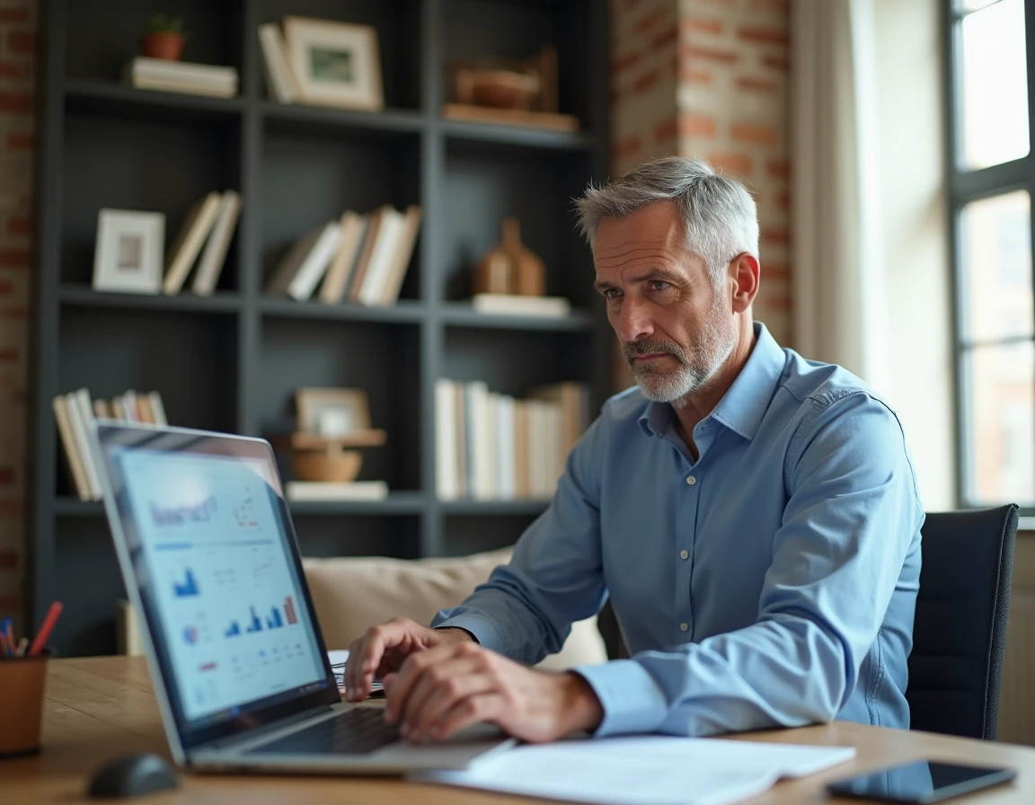Investisseur immobilier analysant des données financières sur ordinateur dans un bureau à domicile