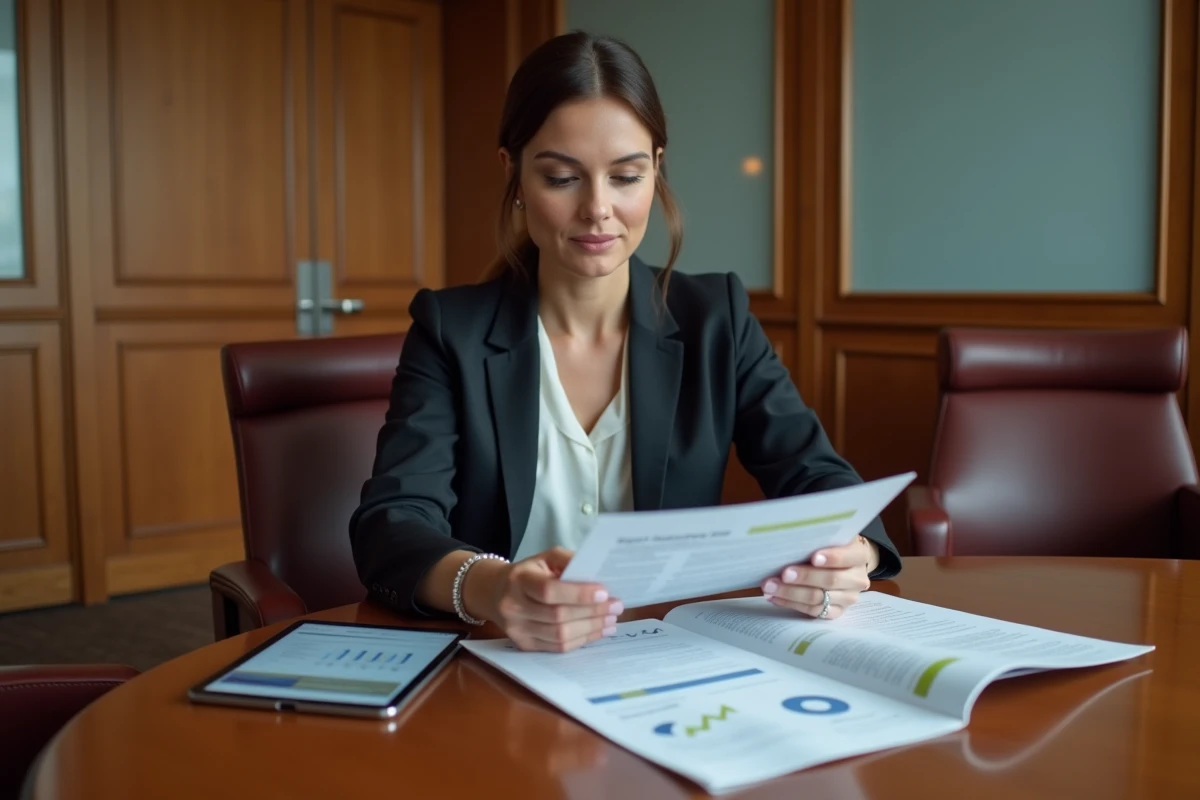 Investisseuse analysant un rapport financier dans une salle de conférence, évaluant les perspectives après une baisse boursière