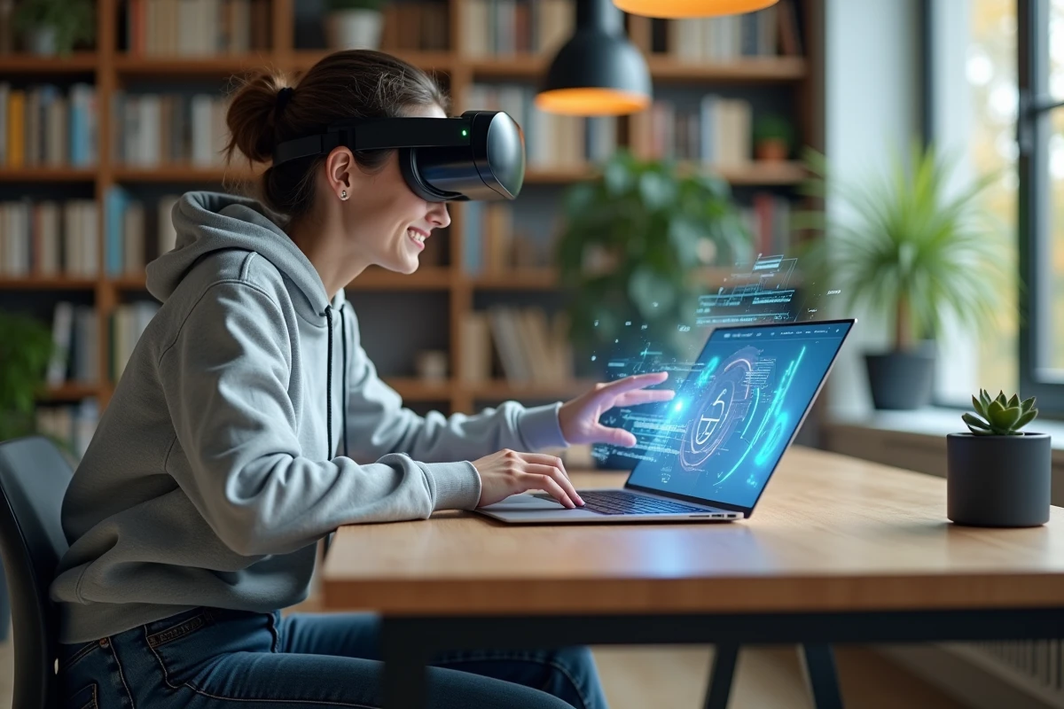 Jeune femme utilisant un ordinateur avec réalité augmentée