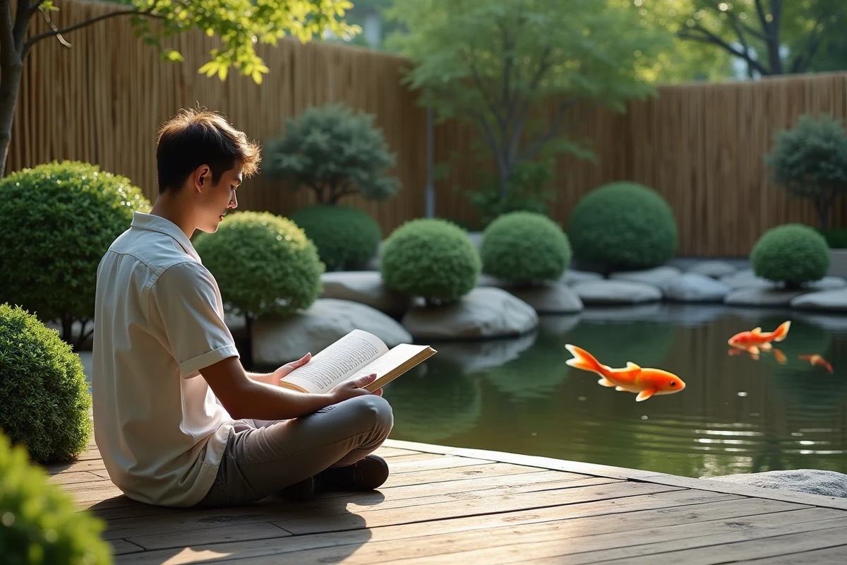 Jeune homme lisant au bord d’un étang koi paisible