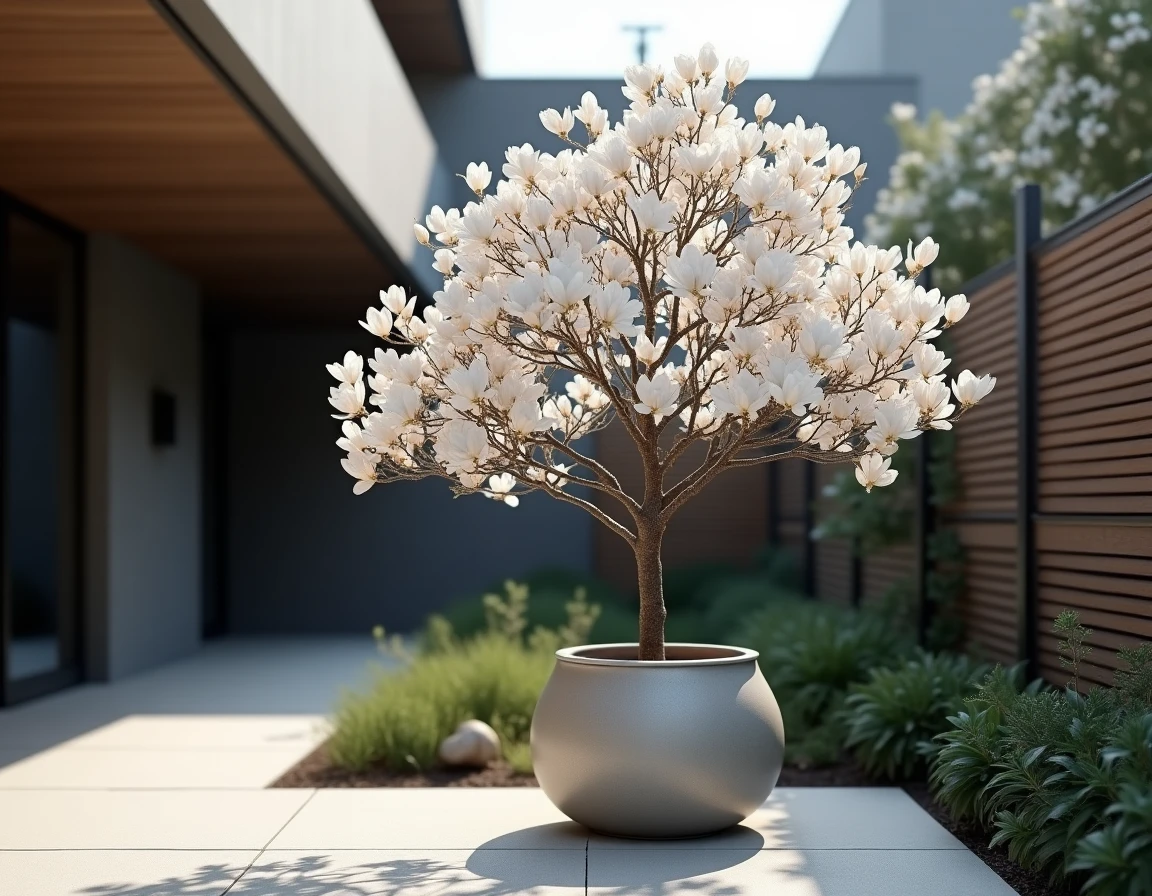 Un magnolia étoilé en fleurs blanches dans un pot sur une terrasse de jardin de ville