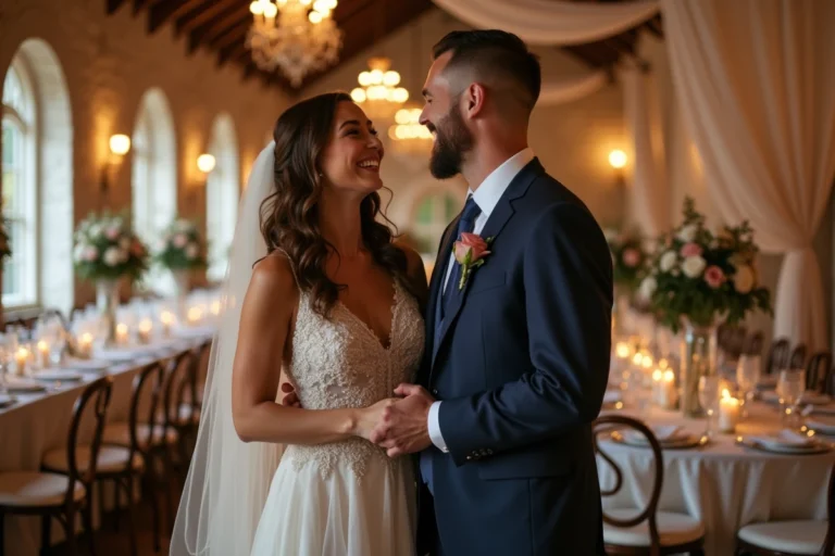 Couple de mariés souriants dans une salle de réception décorée avec élégance, symbolisant un mariage réussi et sans stress
