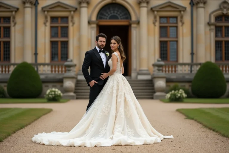 Couple de mariés devant un château européen luxueux lors d'un mariage coûteux