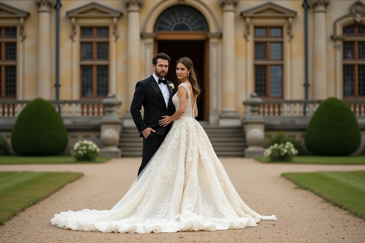 Couple de mariés devant un château européen luxueux lors d'un mariage coûteux