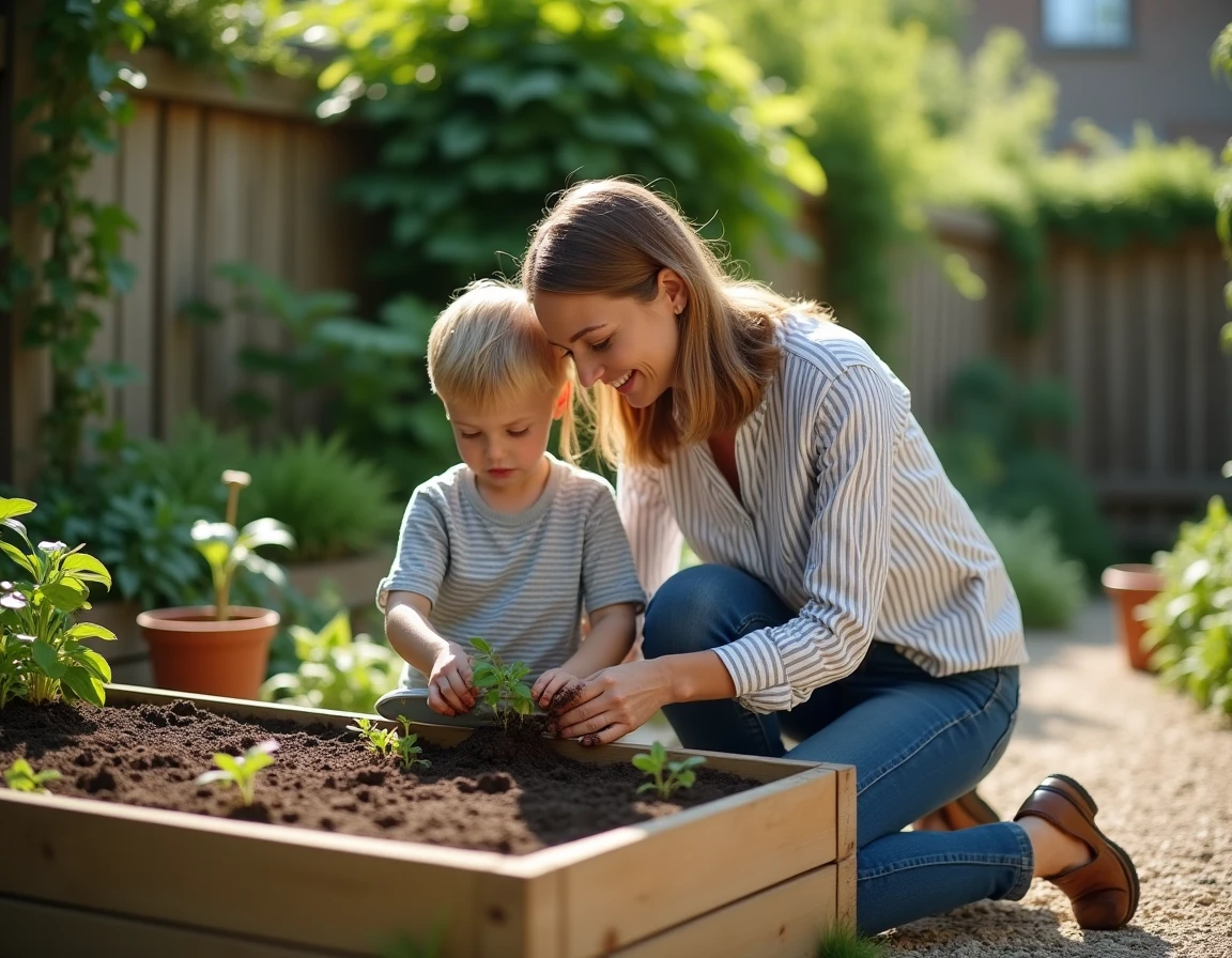 Mère et fils jardinent ensemble dans le jardin familial, partageant un moment complice et éducatif en plein air