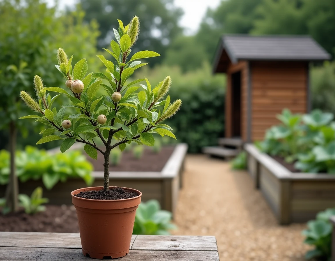 Un jeune noisetier en pot avec des chatons et des feuilles fraîches dans un potager de campagne