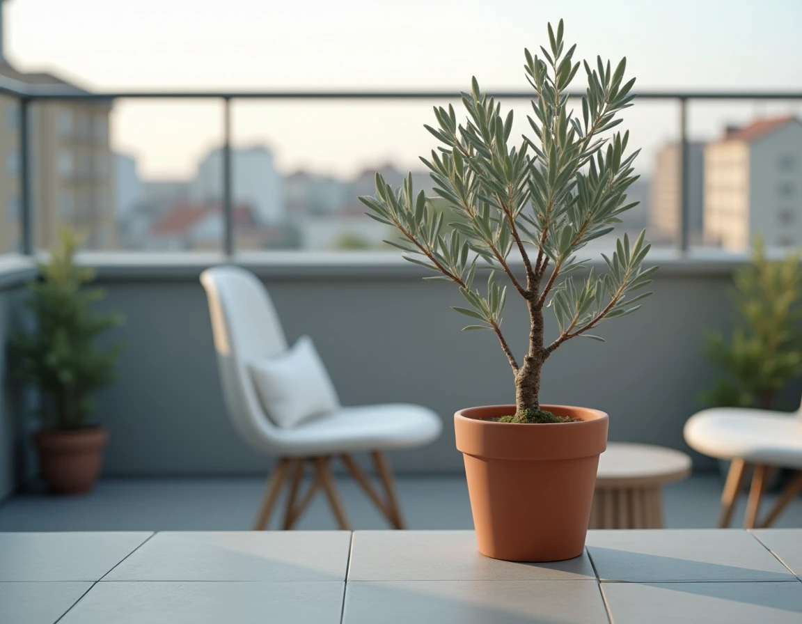 Un olivier nain en pot sur un balcon urbain moderne avec une vue sur les toits de la ville