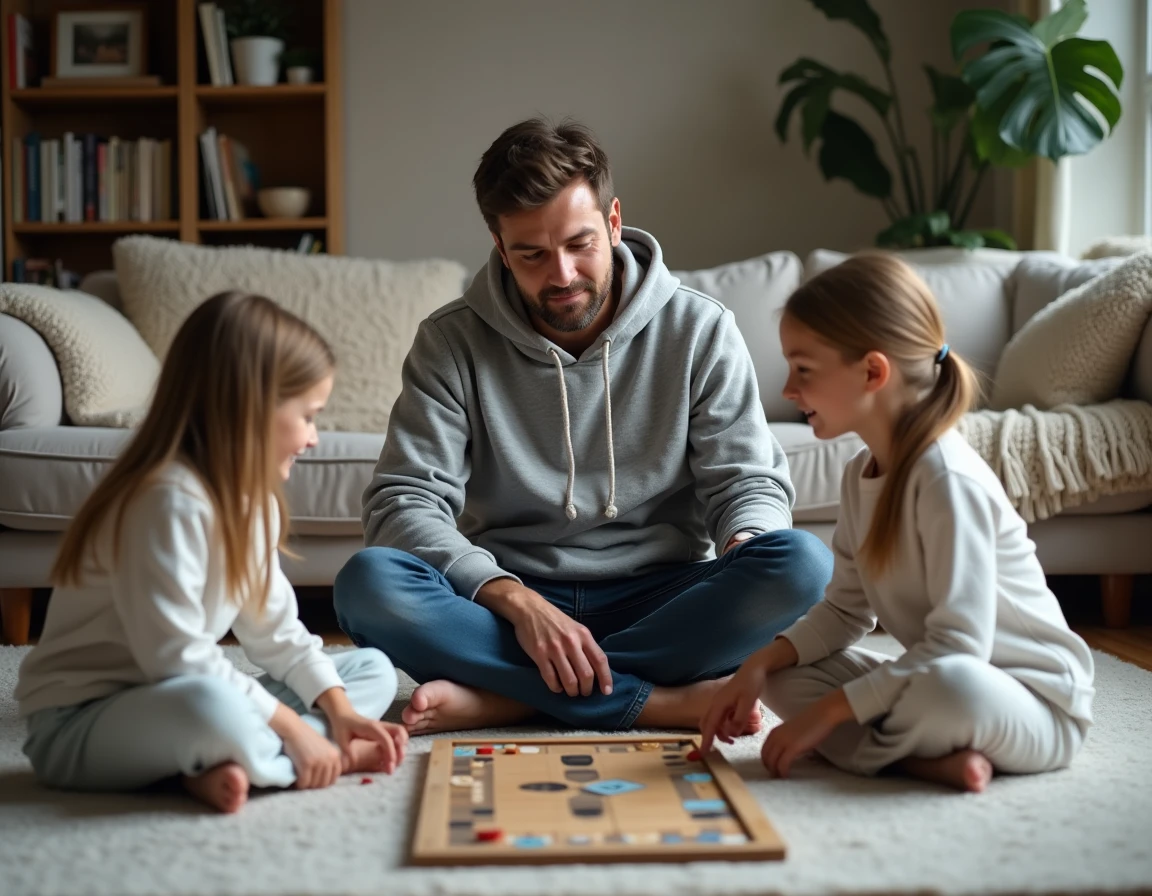 Père et filles jouant à un jeu de société sur le tapis du salon, illustrant les activités familiales du quotidien à la maison