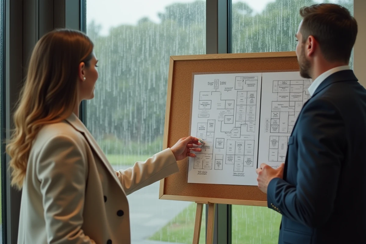 Une wedding planner examine un plan de secours intérieur affiché sur un tableau liège pendant qu'il pleut dehors