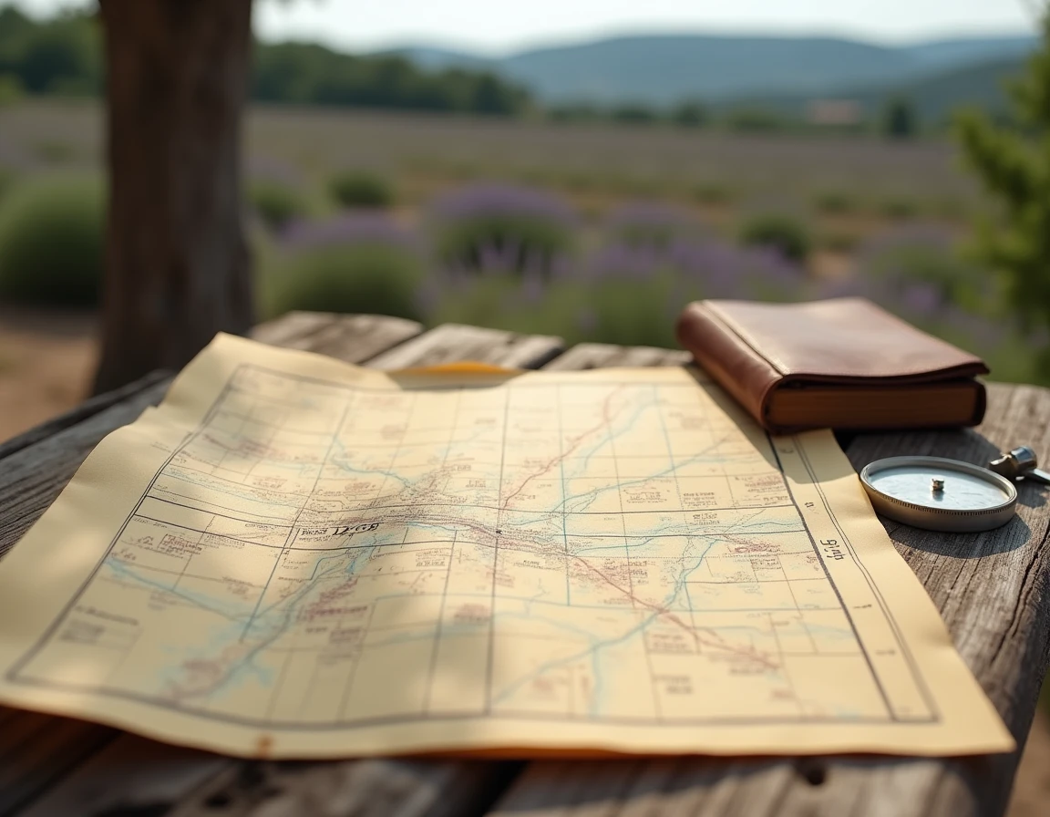 Plan cadastral d'un terrain agricole avec numéro de parcelle posé sur une table en bois en Provence