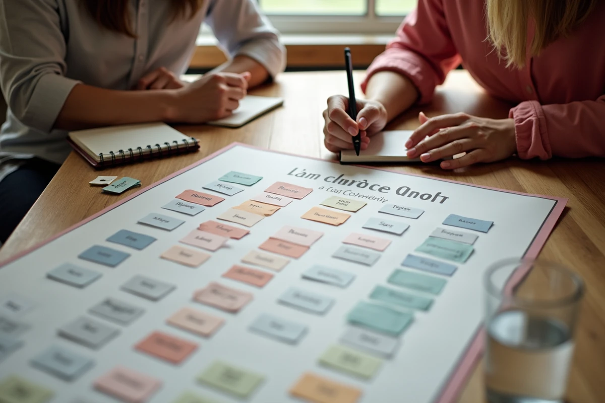 Un couple organise le plan de table de leur mariage avec des cartons de noms colorés sur un grand plan imprimé