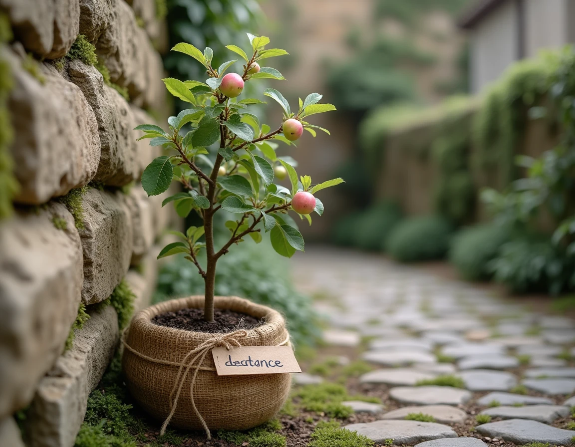Un jeune pommier ancien en variété locale avec étiquette manuscrite dans un jardin de campagne