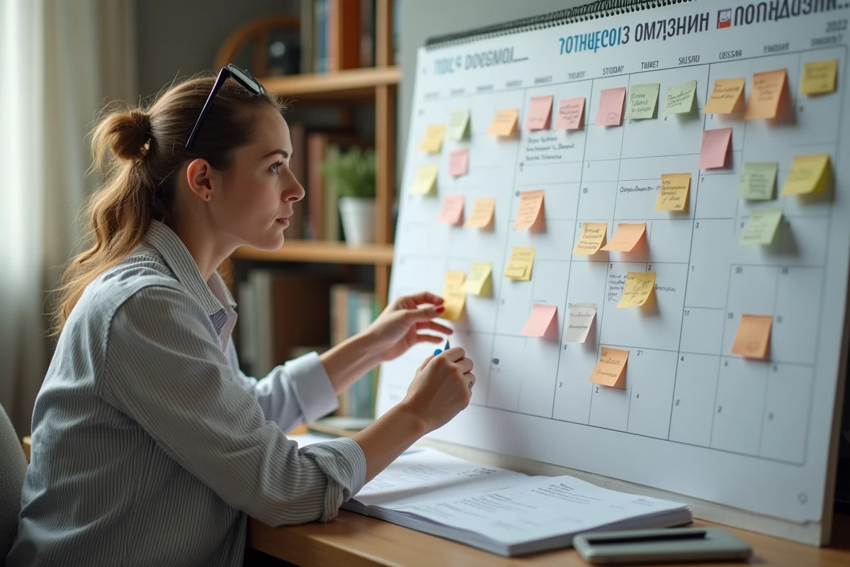 Une femme construit un rétroplanning de mariage à rebours sur un grand calendrier mural avec des post-its colorés