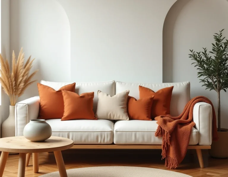 Salon scandinave chaleureux avec canapé en lin crème, coussins en terre cuite et table basse en bois naturel