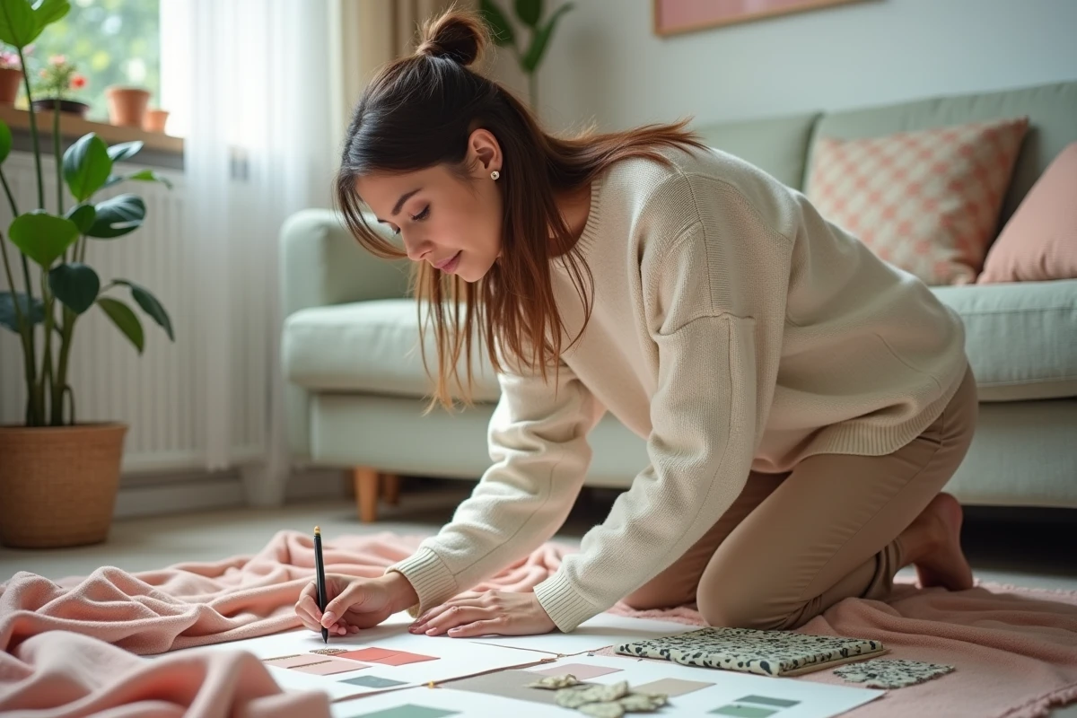 Une femme assemble des échantillons de tissus et de fleurs en suivant une palette de couleurs cohérente pour décorer son mariage