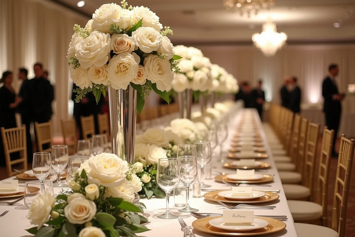Table de réception de mariage luxueuse avec décorations florales coûteuses dans un grand hôtel