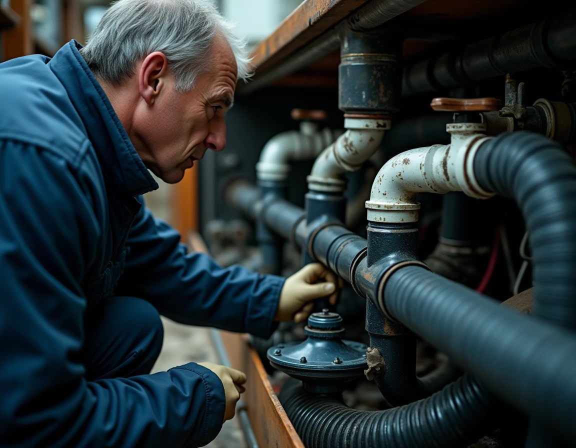 Técnico inspecionando um triturador de resíduos e um reservatório de retenção na sala de máquinas de um veleiro