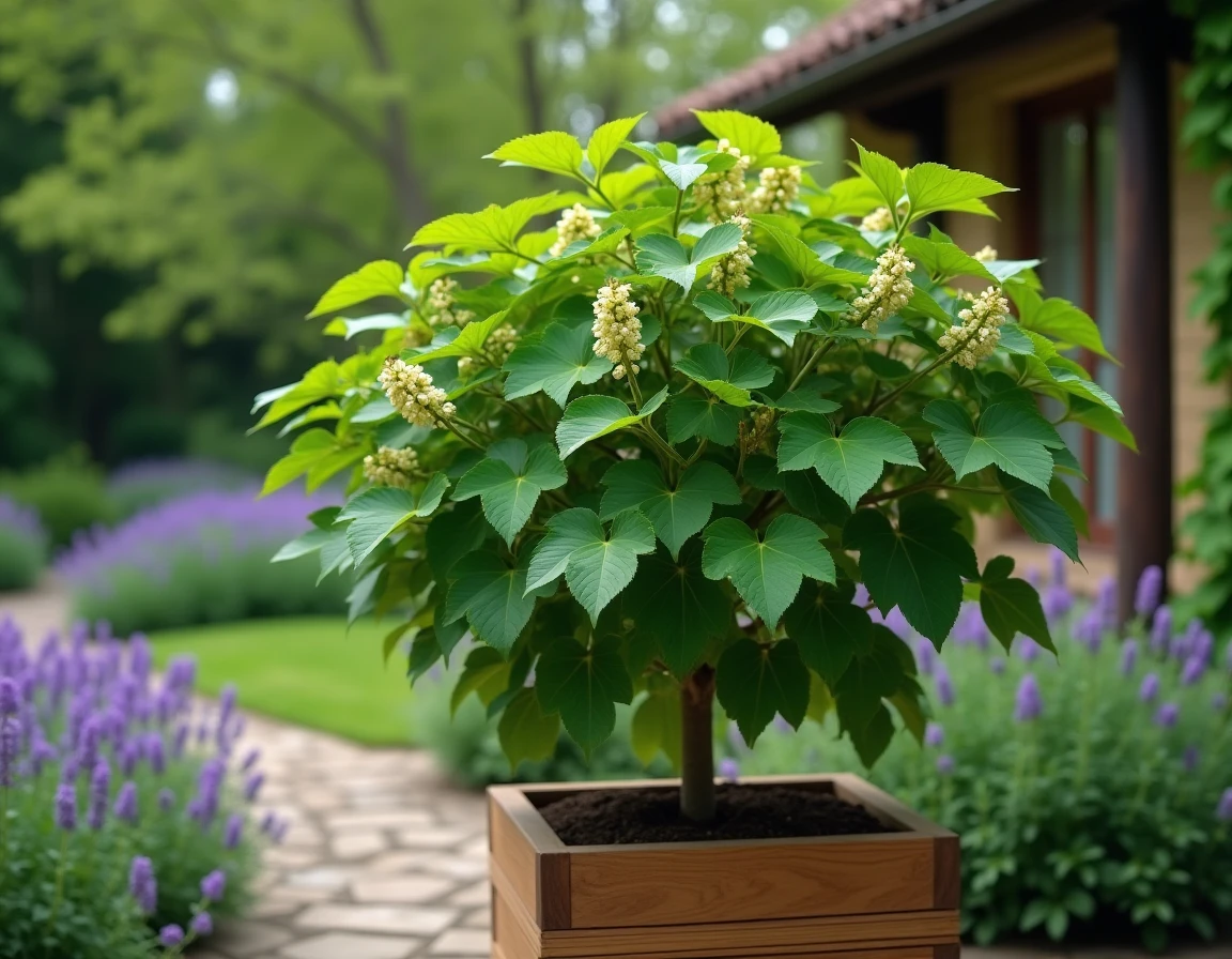 Un tilleul à petites feuilles en bac de jardin avec ses fleurs parfumées en début d'été
