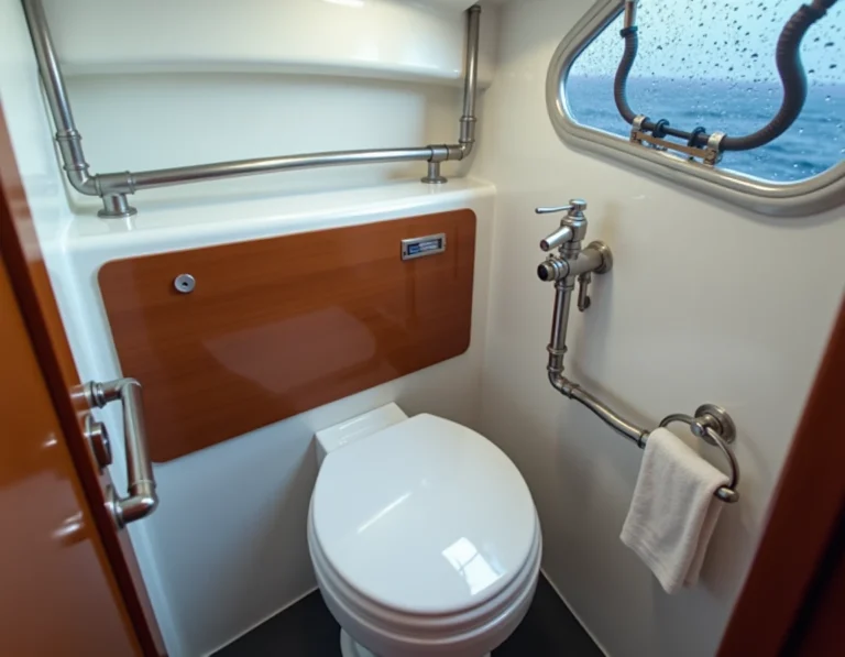 Toilettes marines compactes à bord d'un bateau avec mécanisme de pompe manuelle et tuyauteries en inox visibles
